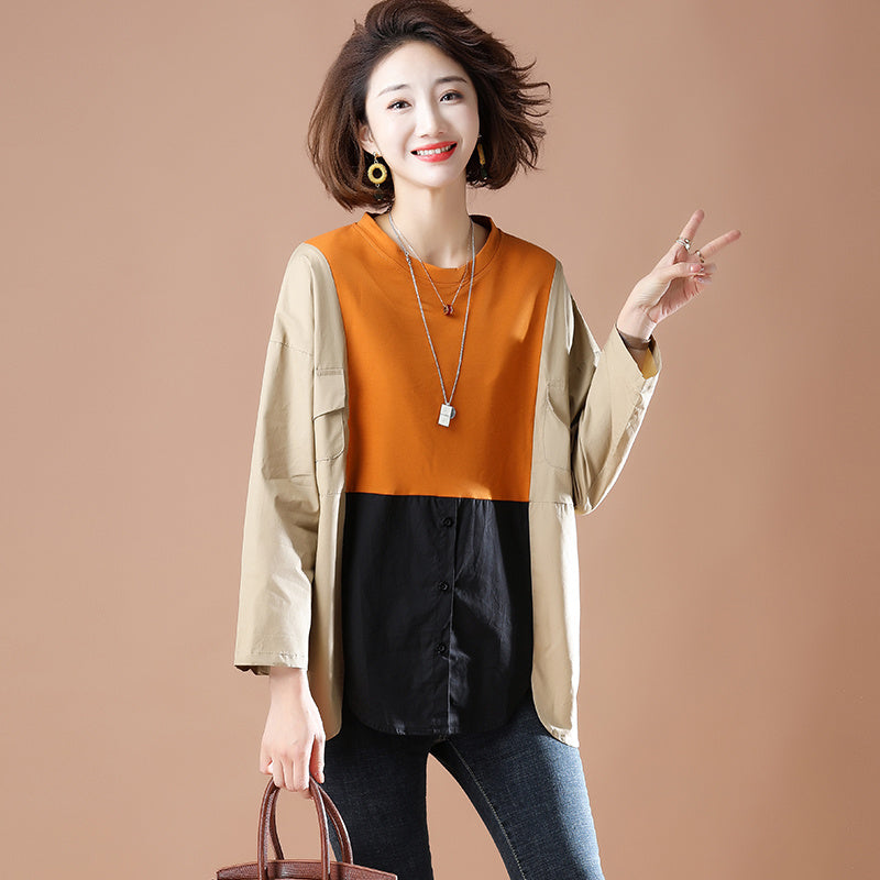 Contrasting Color Stitching Was Thin Long-sleeved Western Style Shirtloose And Fat