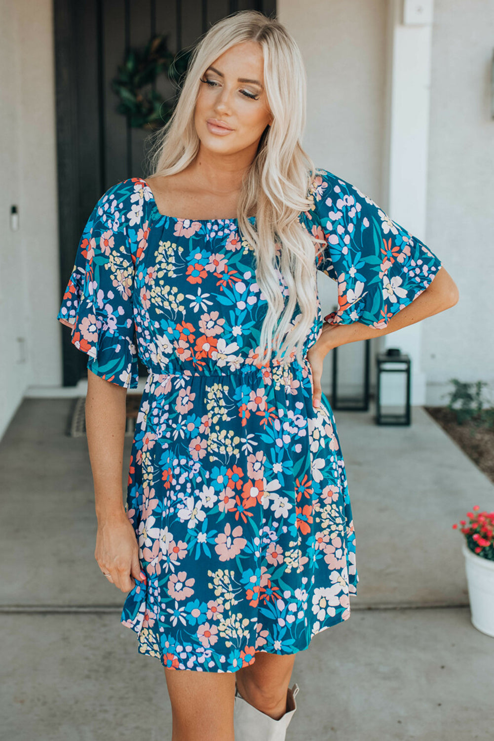 Blue Square Neck Ruffle Floral Dress