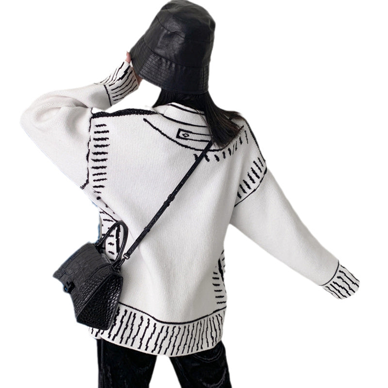 Graffiti Sweater Cardigan For Women V-neck Knitted Jacket