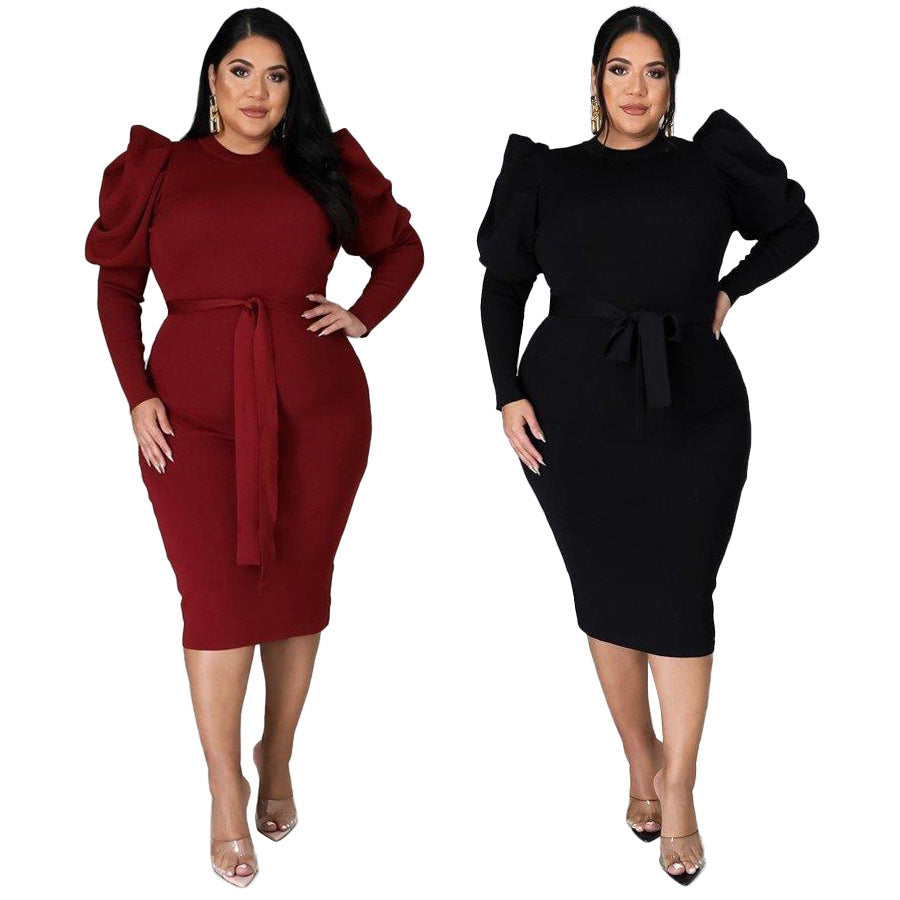 Women's Long Sleeve Belt Slim Fit Plus Size Dress