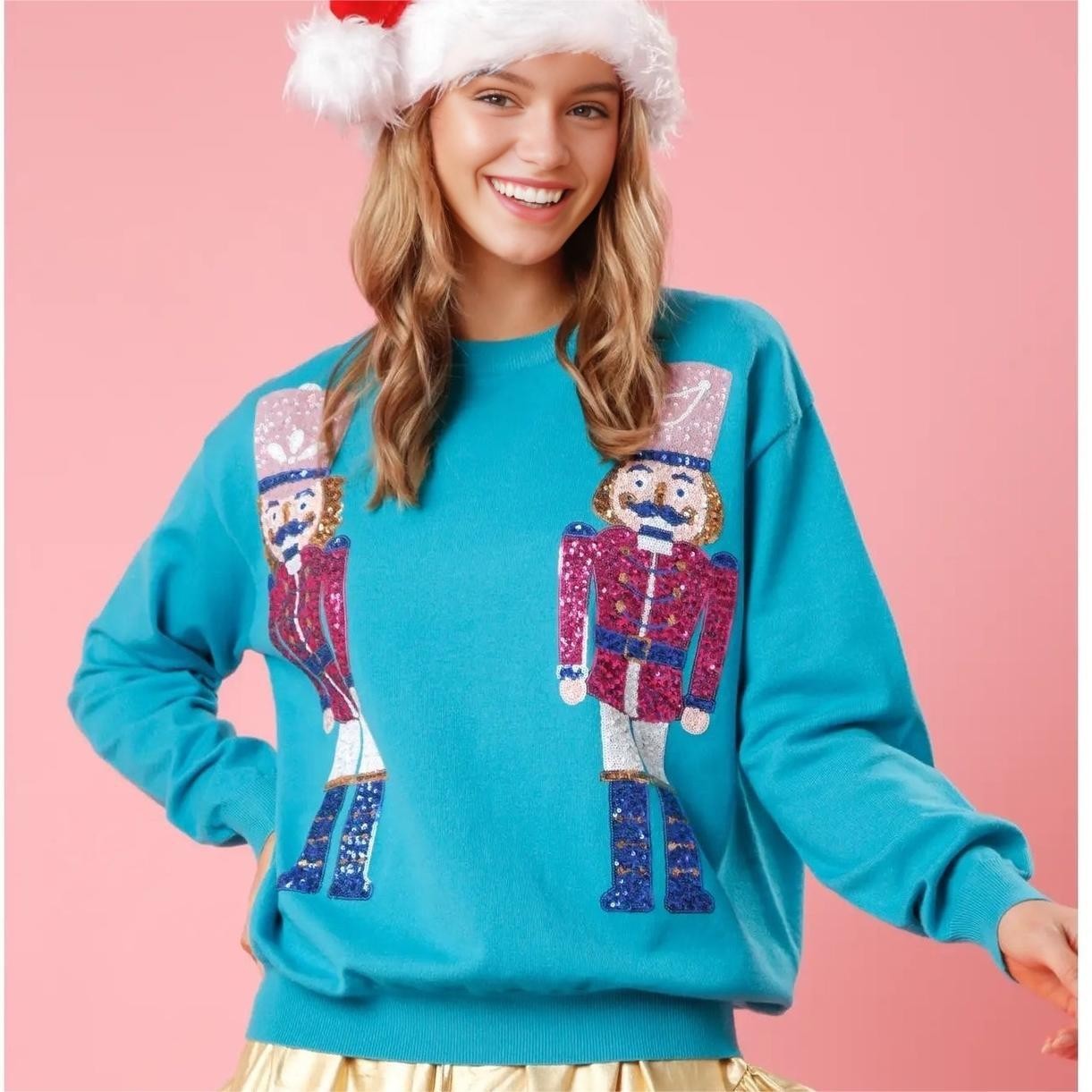 Suéter suelto con lentejuelas navideñas con cuello redondo para mujer