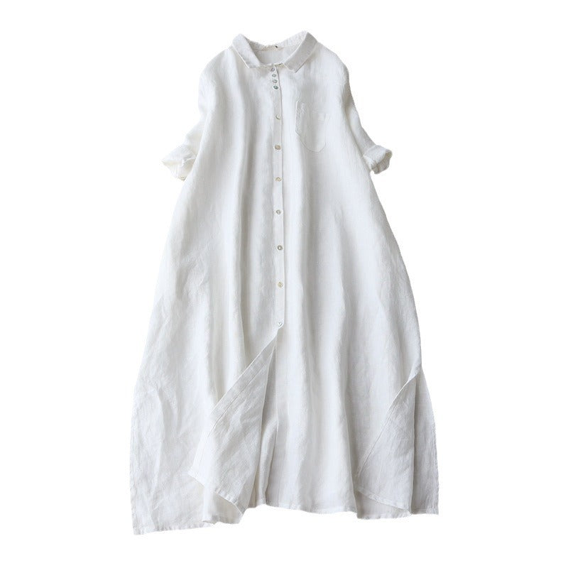 Summer Linen Fabric Lapel Long Shirt Dress