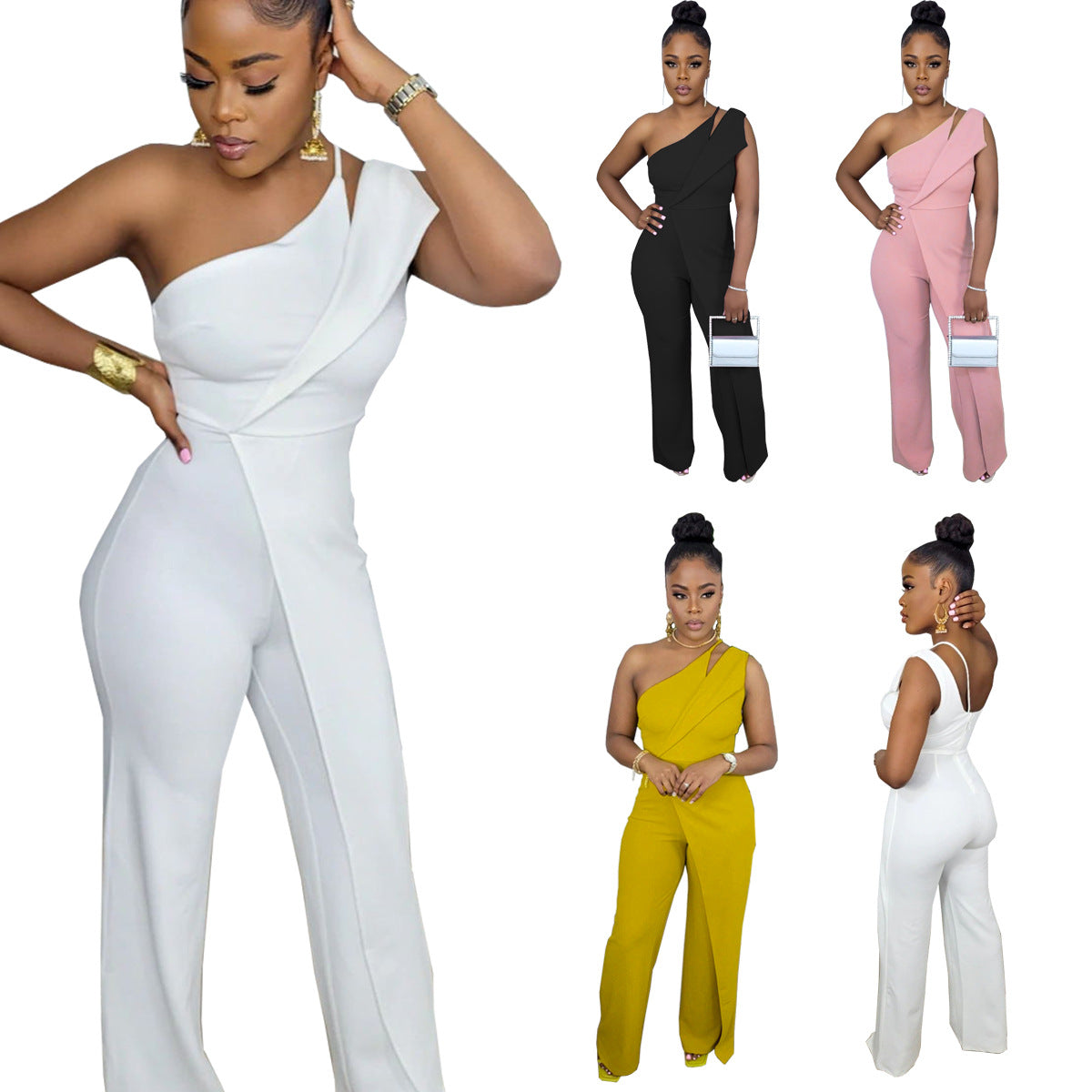 Fashion Casual One-shoulder Back Concealed Zipper Sleeveless Wide Leg Jumpsuit