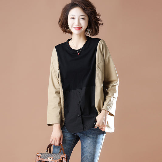 Contrasting Color Stitching Was Thin Long-sleeved Western Style Shirtloose And Fat