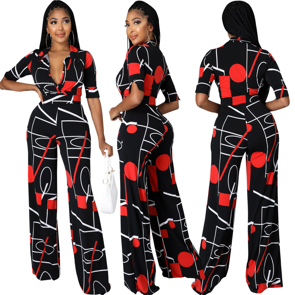 Mode Digitaldruck V-Ausschnitt Damen Jumpsuit lang