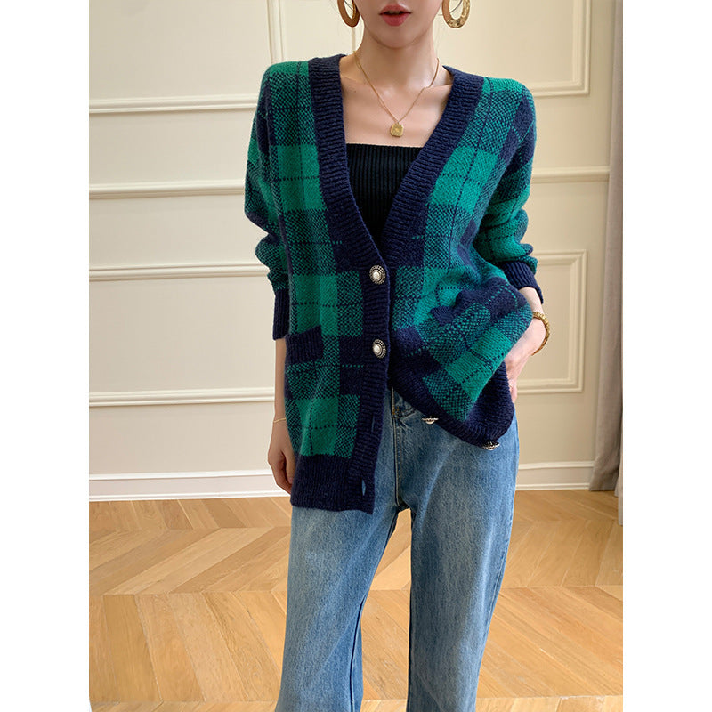 Green Plaid Mohair Women's Trendy Knit Cardigan