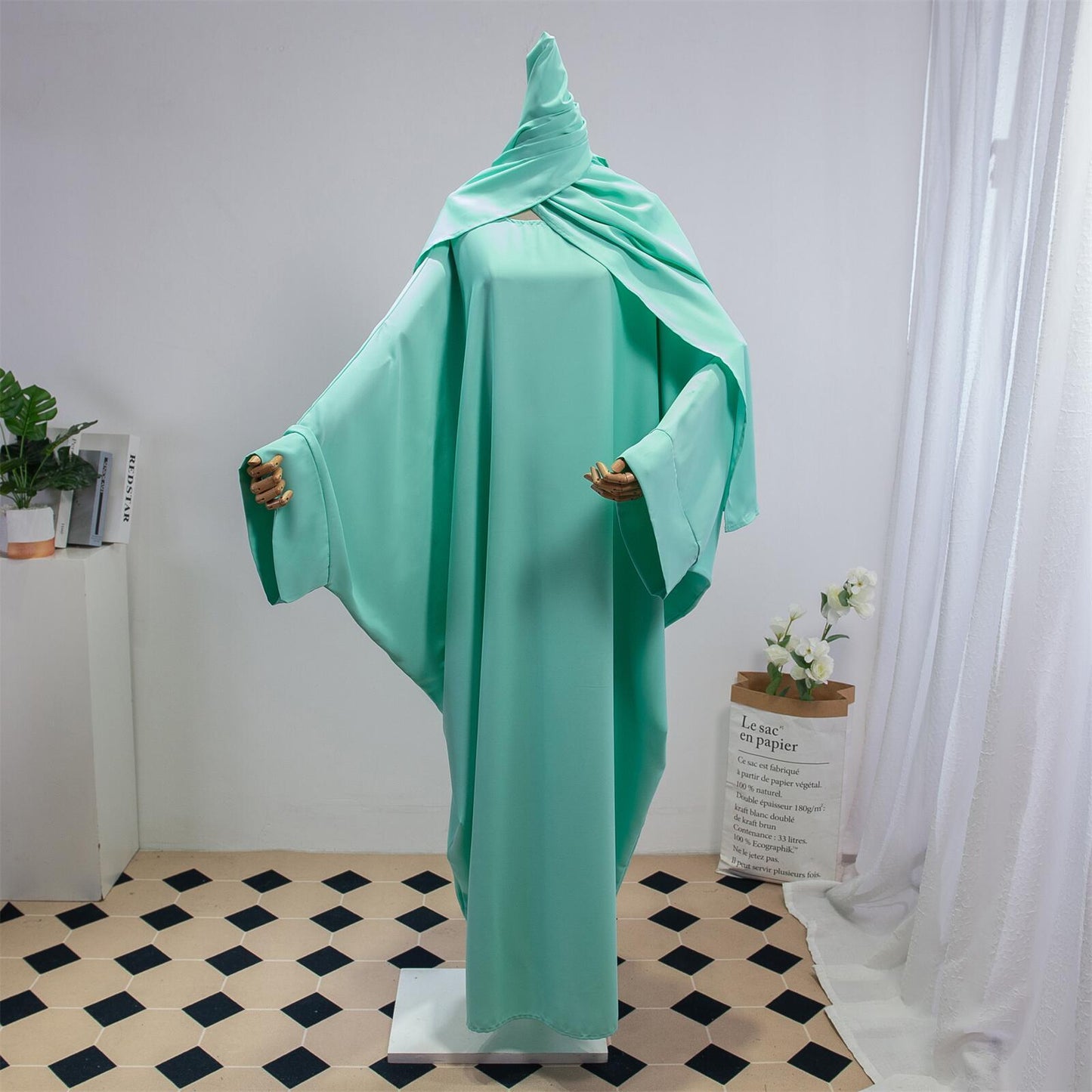 Solid Color Arabic Dress Women's Robe With Headscarf