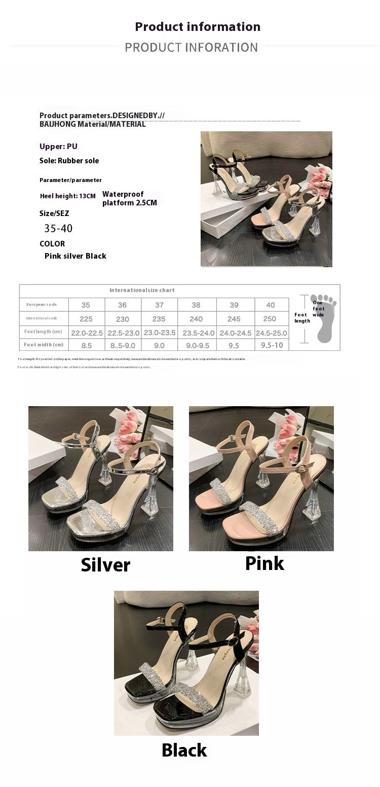 Schnalle Transparent Strap Strass Dicken Absatz Super High Heel Casual Fashion Sandalen