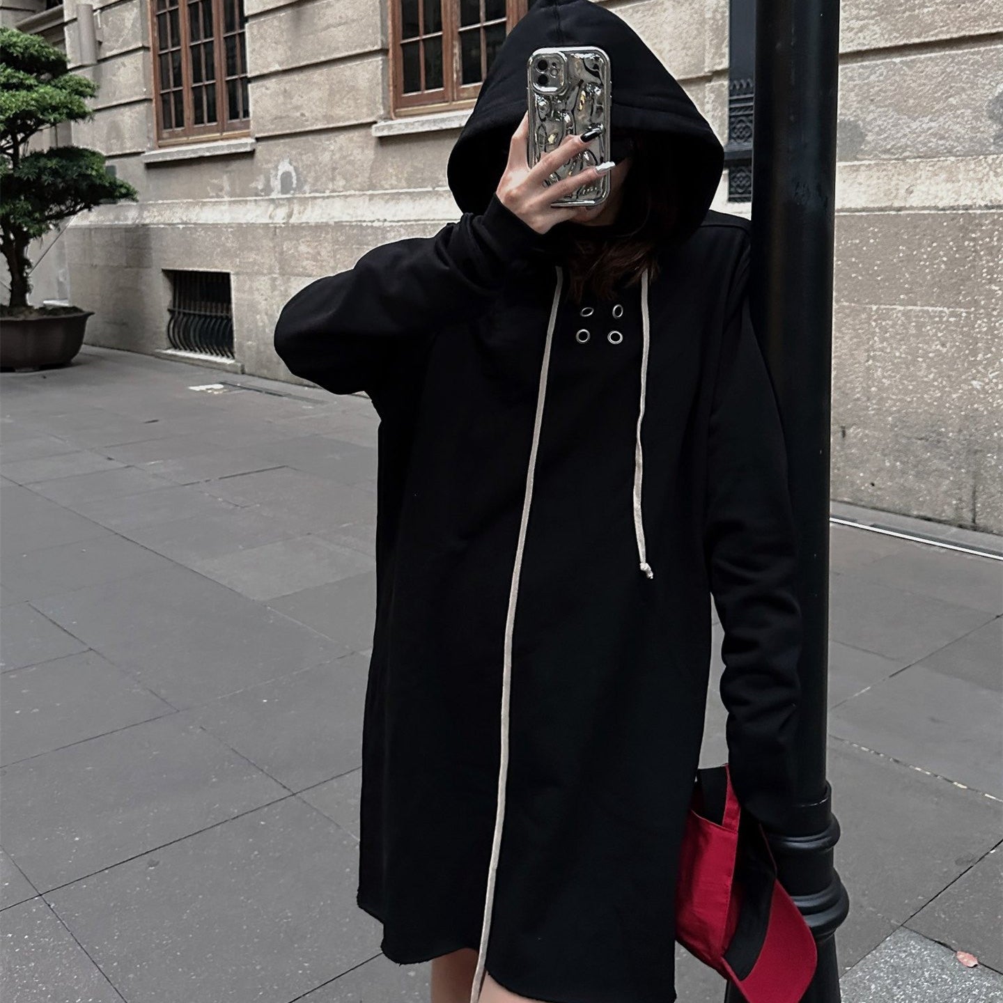 Black Dark Hoodie With Drawstrings Long Hoodie