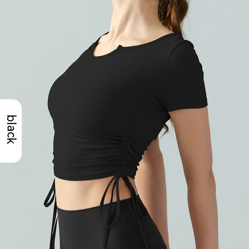 Drawstring V-neck Irregular Sports Short Sleeve Yoga Jacket