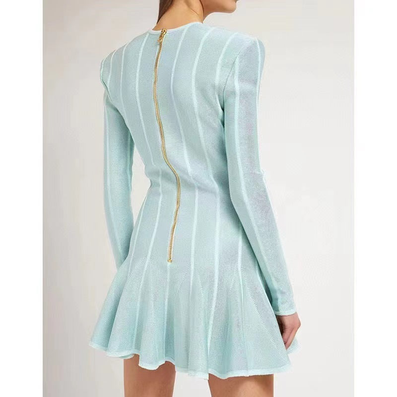 Green Long-sleeved V-neck Sexy Expansion Skirt Dress