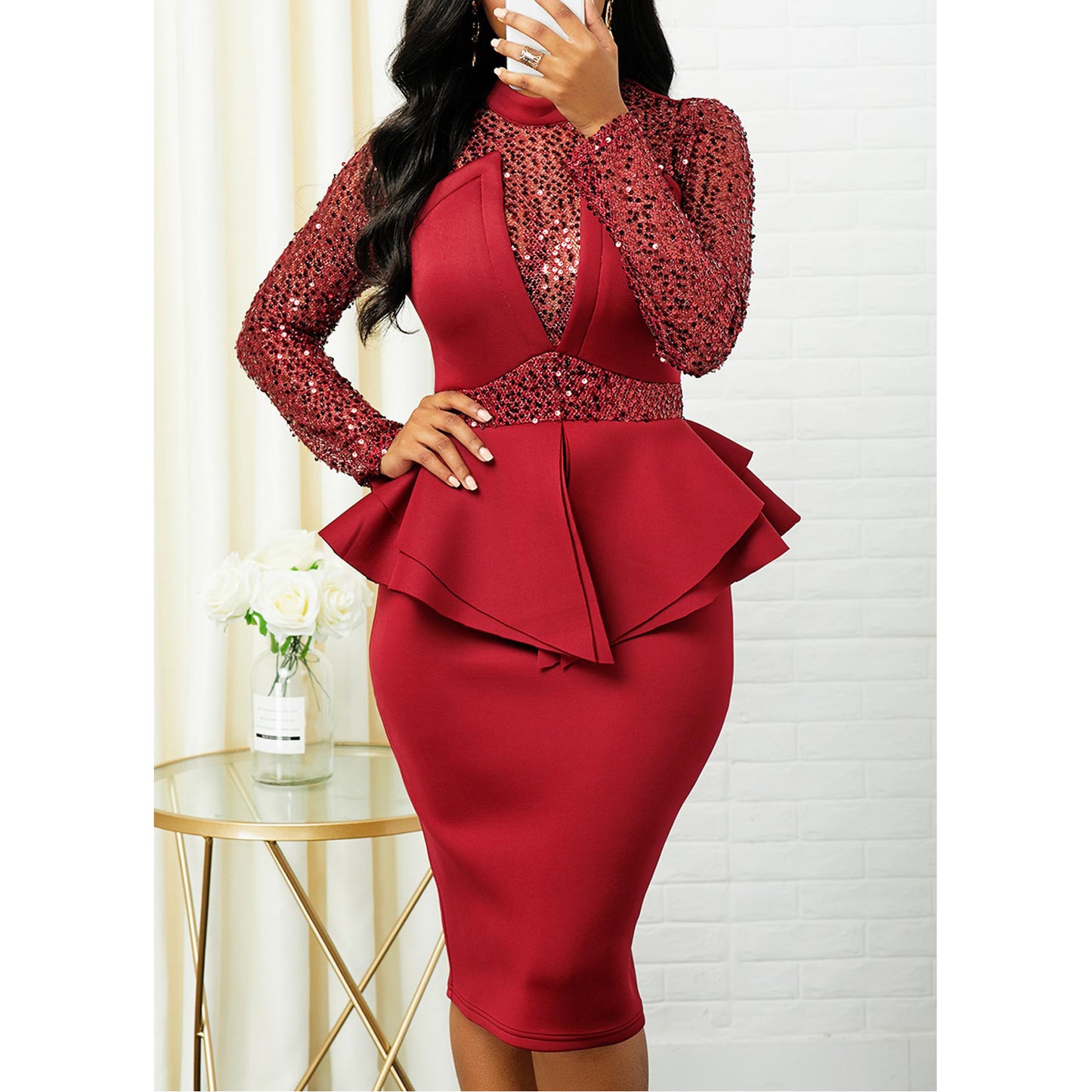 High Waist Slim Shiny Ruffles Dress Women's Clothing