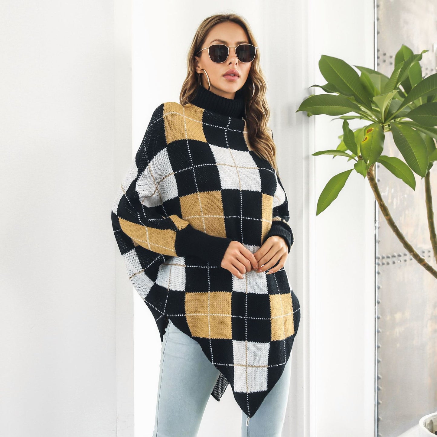 Women's Mid-length Plaid Jacquard Cape Sweater Coat