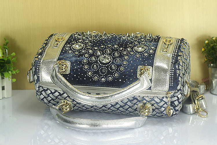 Denim Tasche Leinwand Gürtel Strass Geflochtene Nieten Runde Eimer Crossbody Schulter