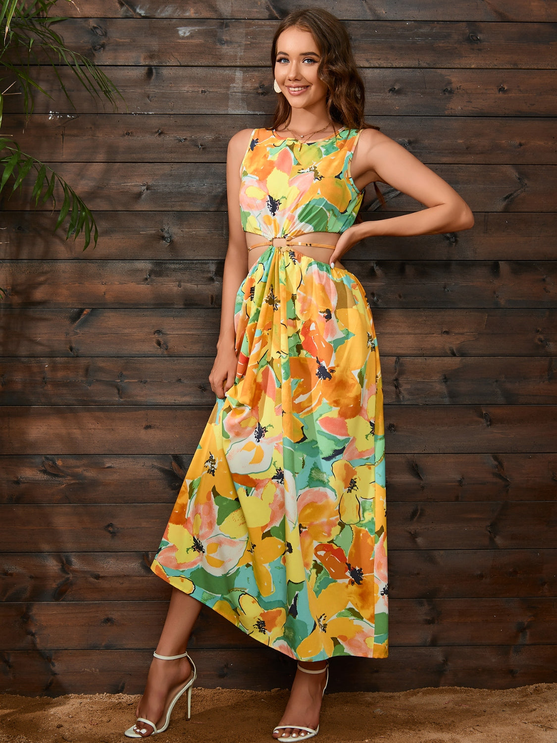 Cutout Floral Round Neck Sleeveless Dress