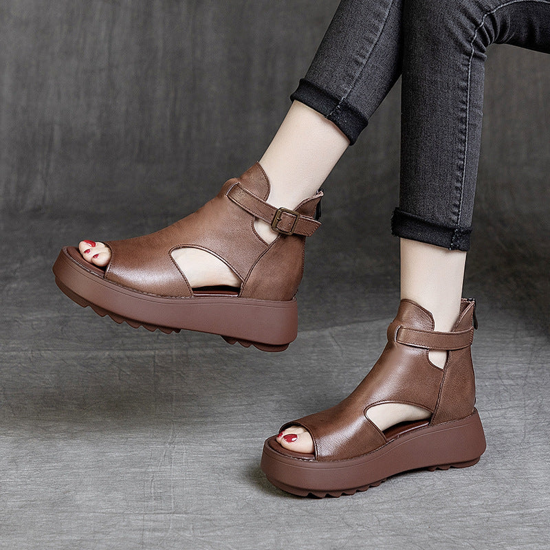 Summer New Retro First Layer Cowhide Back Empty Peep Toe Sandals For Women