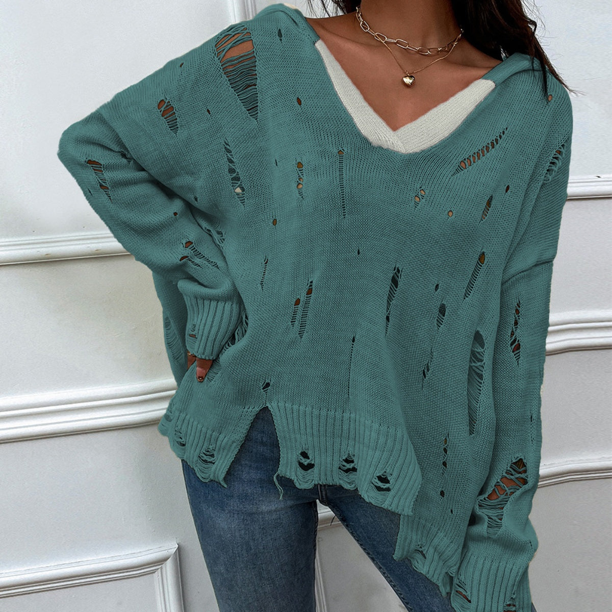 Distressed Slit Drop Shoulder Hooded Sweater