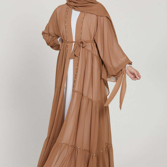 Elegant Solid Color Beaded Muslim Lacing Chiffon Cardigan Robe