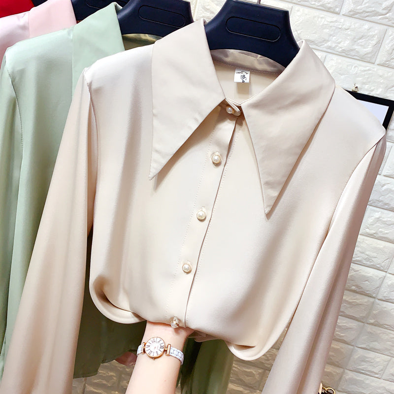 Women's Pearl Button Chiffon Shirt With Pointed Collar