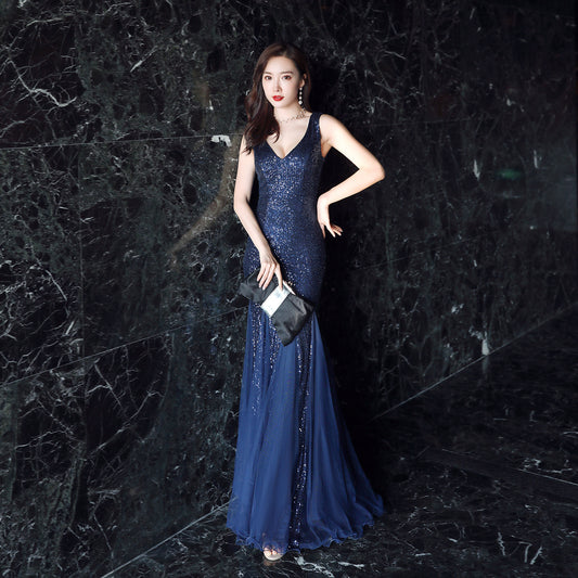 Banquet Temperament Elegant Annual Meeting Long Style Fishtail Sequins Sexy Dress