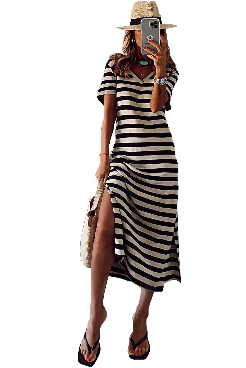 Black Stripe Print V Neck Maxi Dress with Side Splits