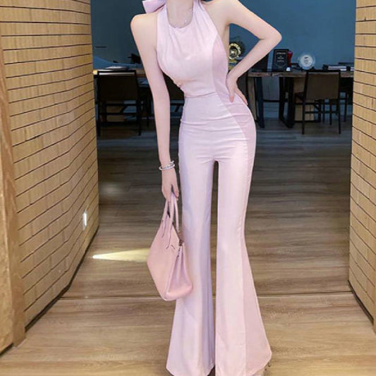 Halter Neck Back Bow Flared Jumpsuit