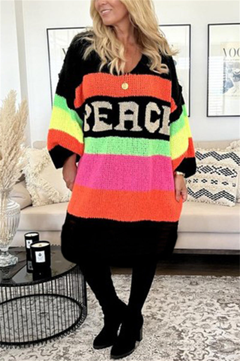 Women's Fashion Casual Rainbow Striped V-neck Loose Knitted Sweater