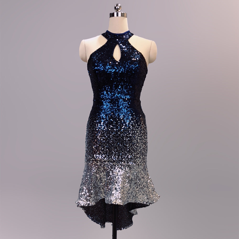 Chest Wrap See-through L Gradient Sequin Hip Wrap Dress