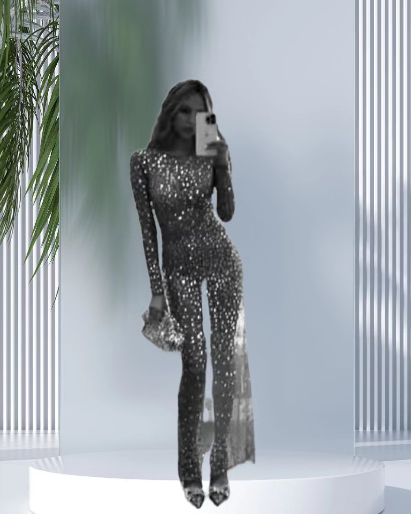 Damenmode-Strass-Langarm-Bluse-Mesh-Kleid