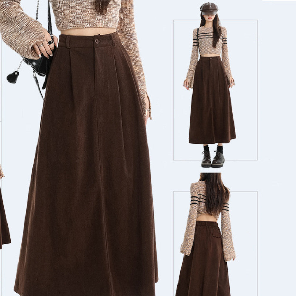 Brown Corduroy High Waist Skirt For Women