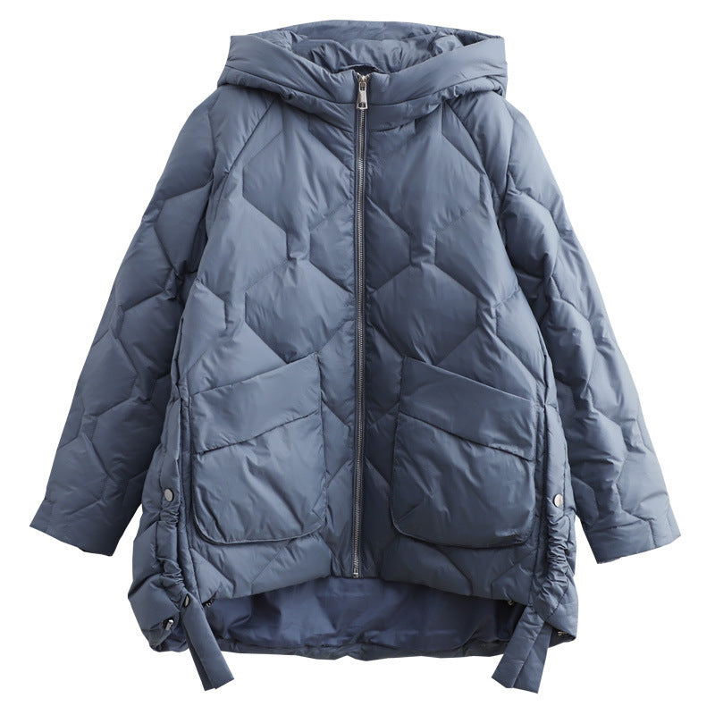 Casual Mid-length Drawstring Cinched Hoodie Down Jacket