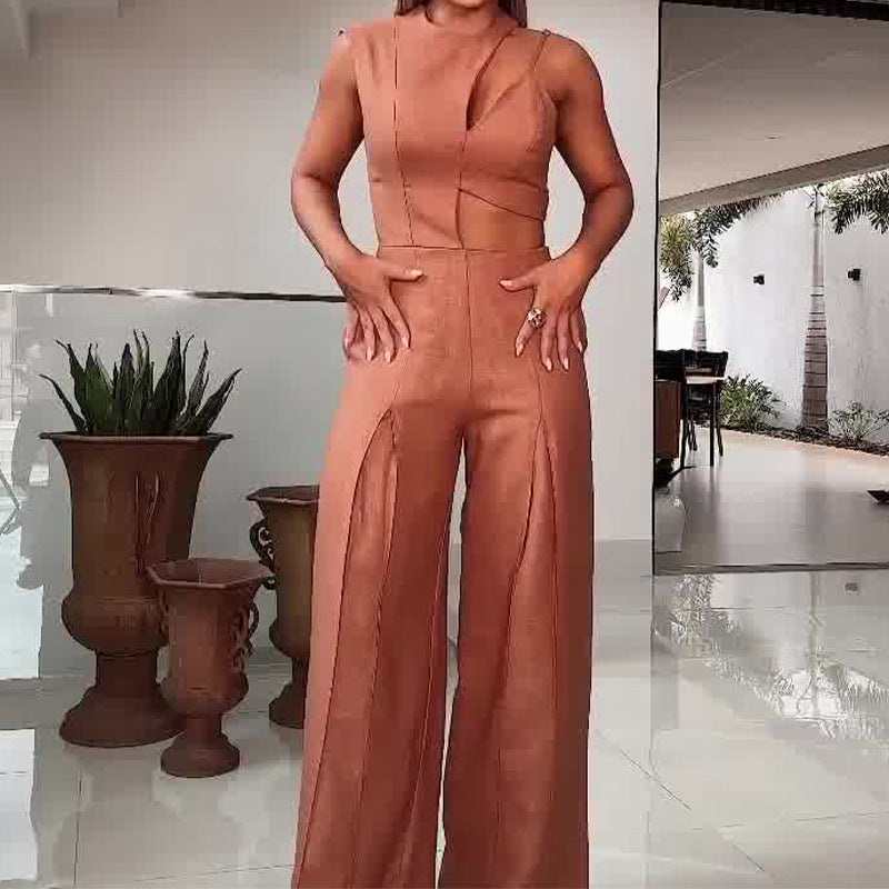 Fashion Round-neck High Waist Solid Color Hollow Out Wide Leg Jumpsuit