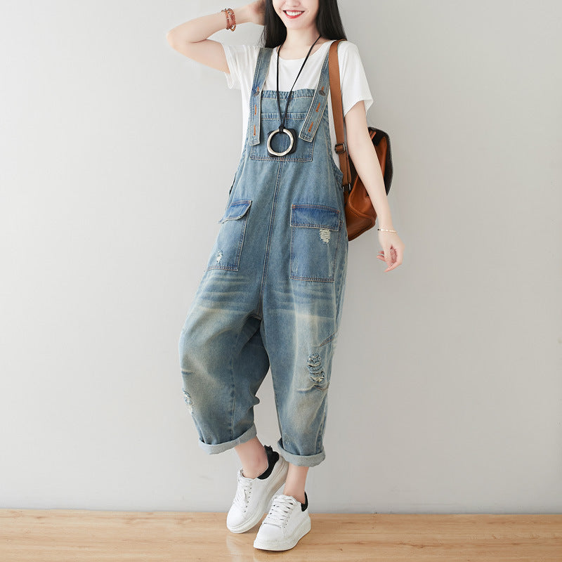 Retro-Harems-Jumpsuit aus Denim für Damen in Übergröße