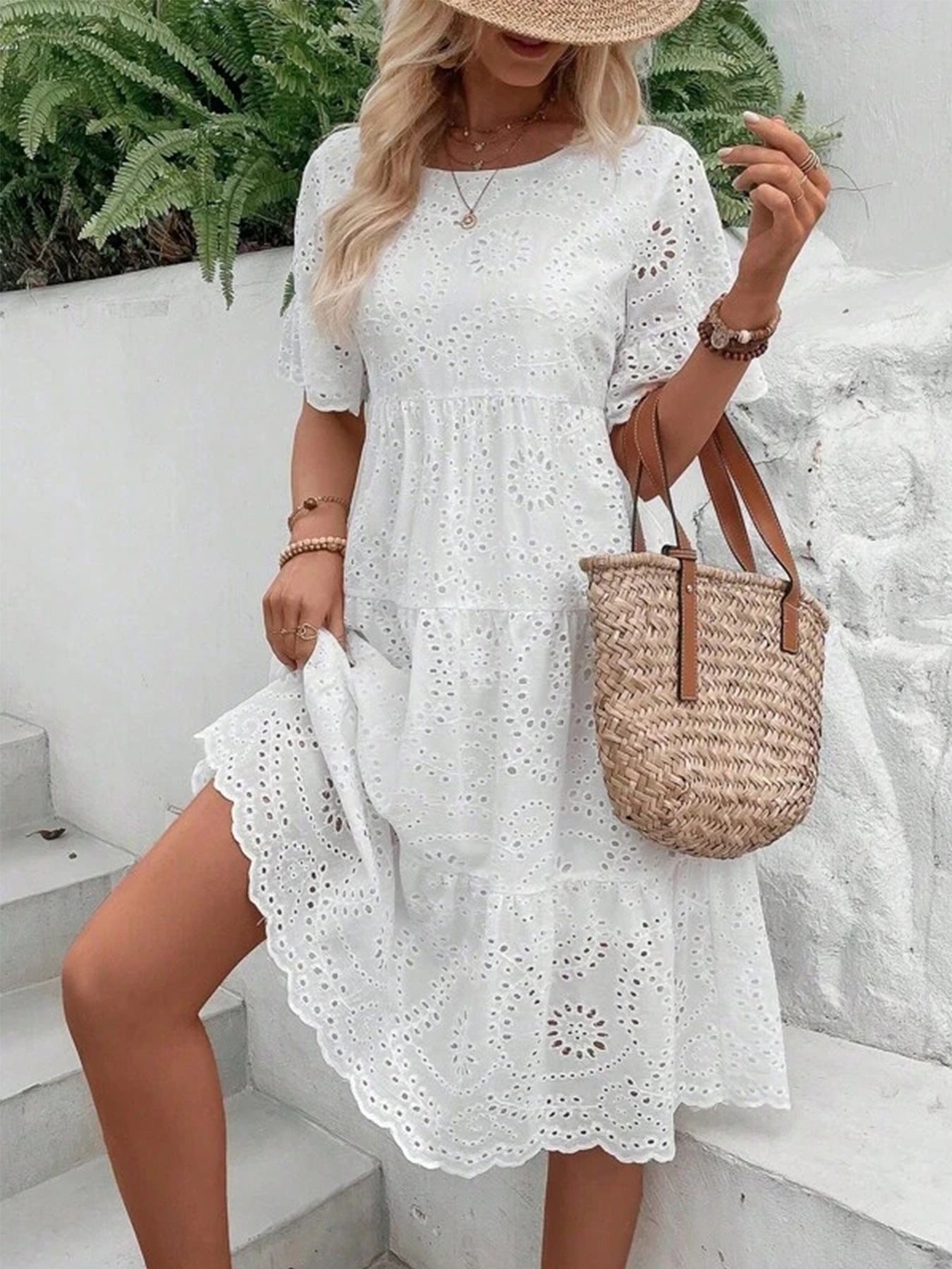 Casual Women's Embroidered Hollow Short Sleeve Round Neck Ruffle Sleeve Waist Dress