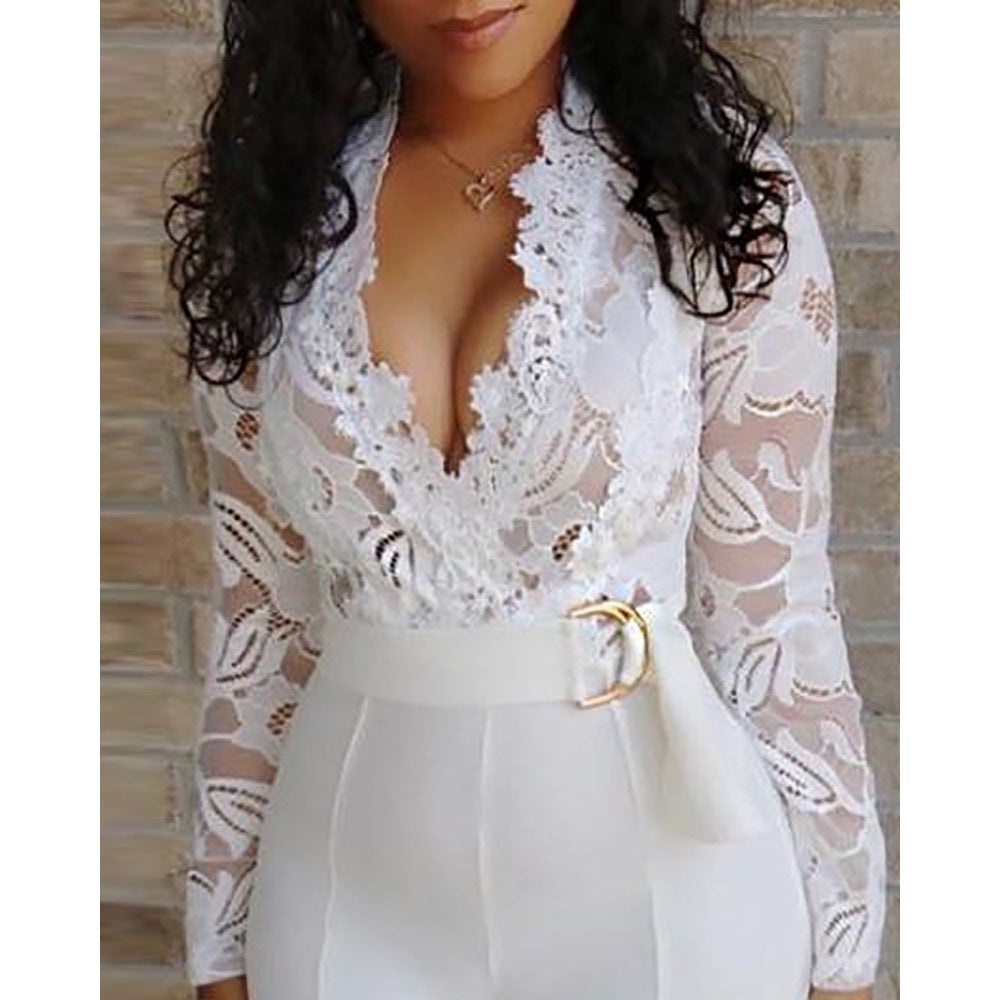 Women's Long Sleeve Lace White Jumpsuit