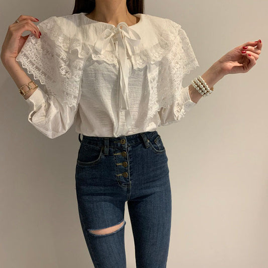 Double-layer Ruffled Lace-up Spring Loose All-match Shirt For Women