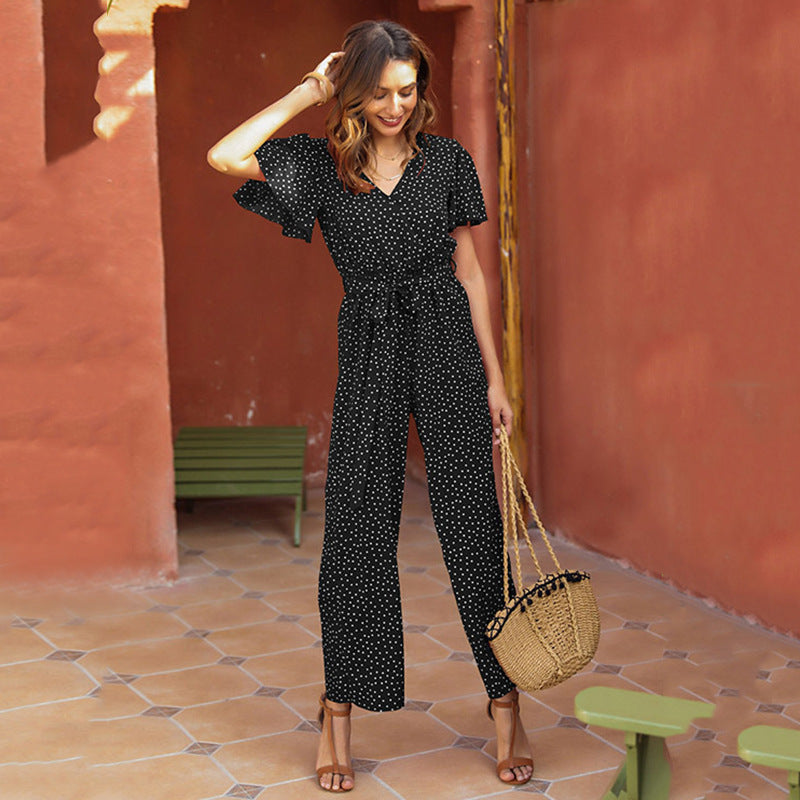 High-waist Lace-up Polka-dot Print Fashion Trousers