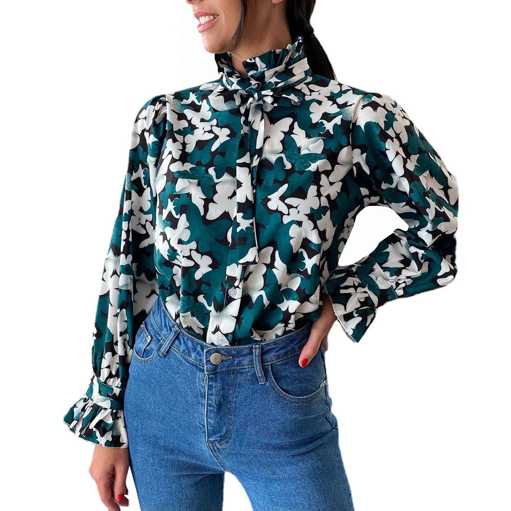 Camisa Casual Suelta de Manga Larga con Estampado de Mariposas de Moda