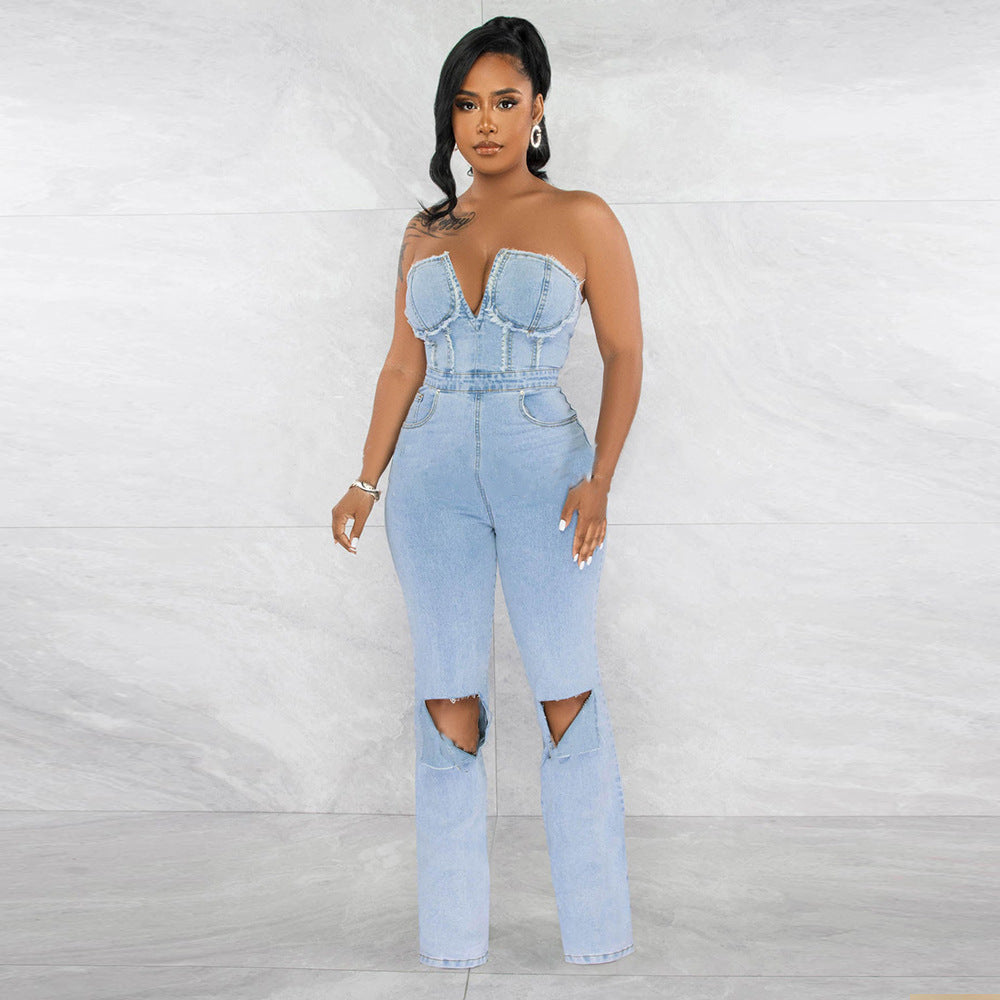 Damen-Jumpsuit aus Denim mit V-Ausschnitt und Loch-Reißverschlusstasche