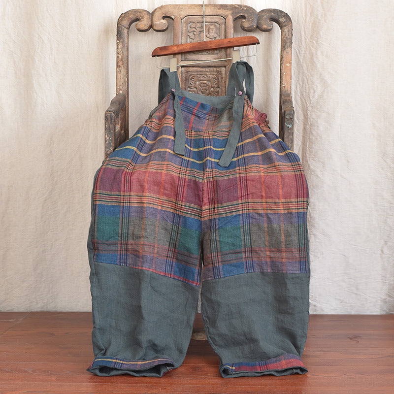 Fashion Patchwork Linen Leisure Suspender Pants