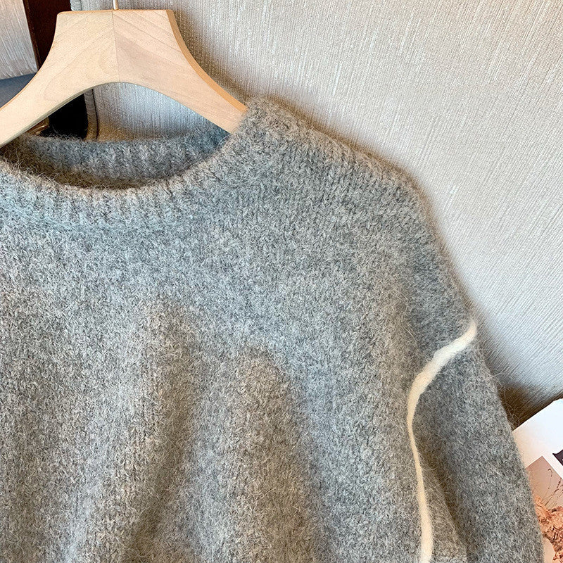 Grauer Pullover mit Rundkragen für Damen im Retro-Stil, lässig, lockeres Temperament