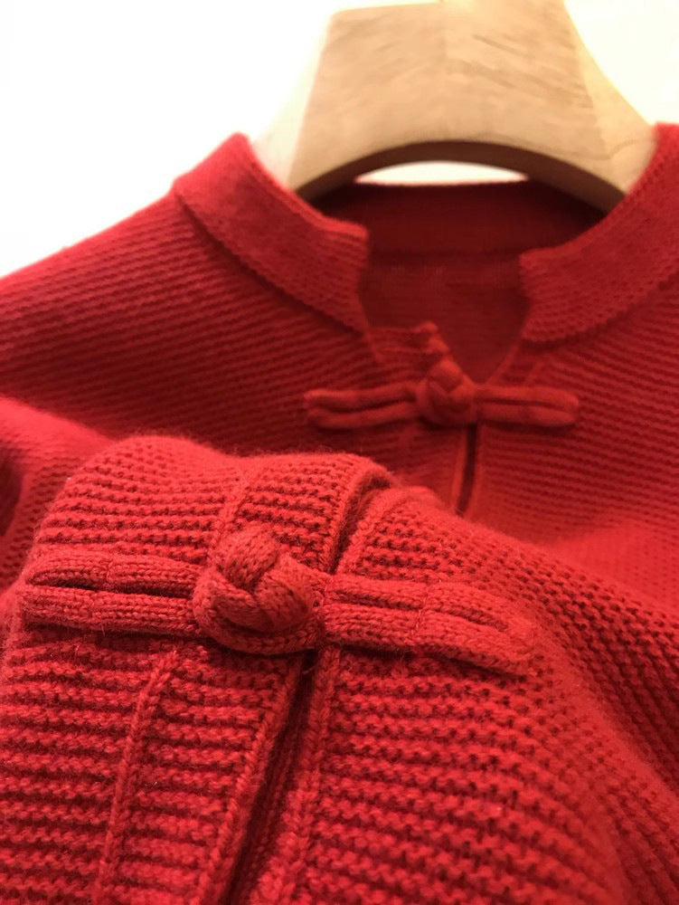 Chinesischer roter neuer Strickjackenpullover mit Schnalle im chinesischen Stil für Frauen