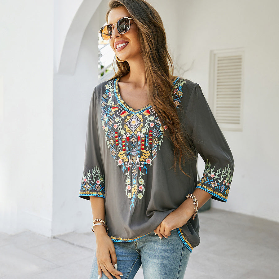 Women's Fashion Embroidery Loose And Slim Shirt