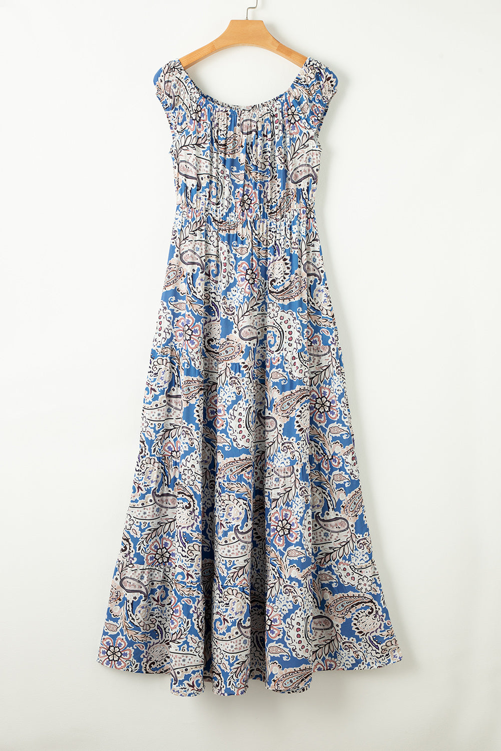 Blaues schulterfreies Maxikleid mit Boho-Paisley-Print