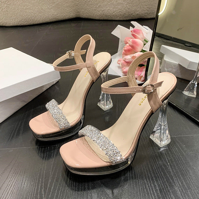 Schnalle Transparent Strap Strass Dicken Absatz Super High Heel Casual Fashion Sandalen