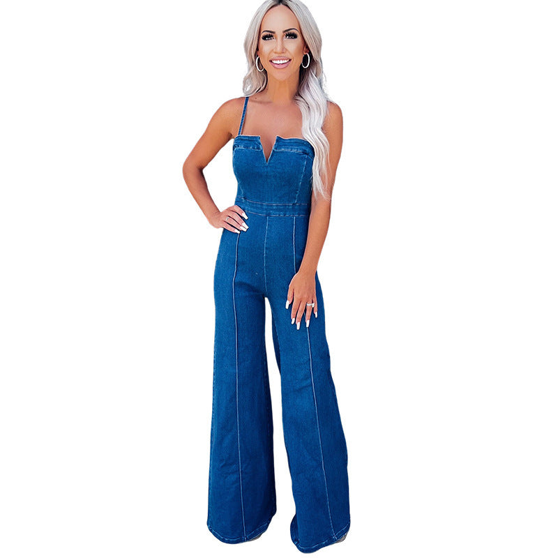 Denim-Jumpsuit für Damen mit Spaghettiträgern und hoher Taille