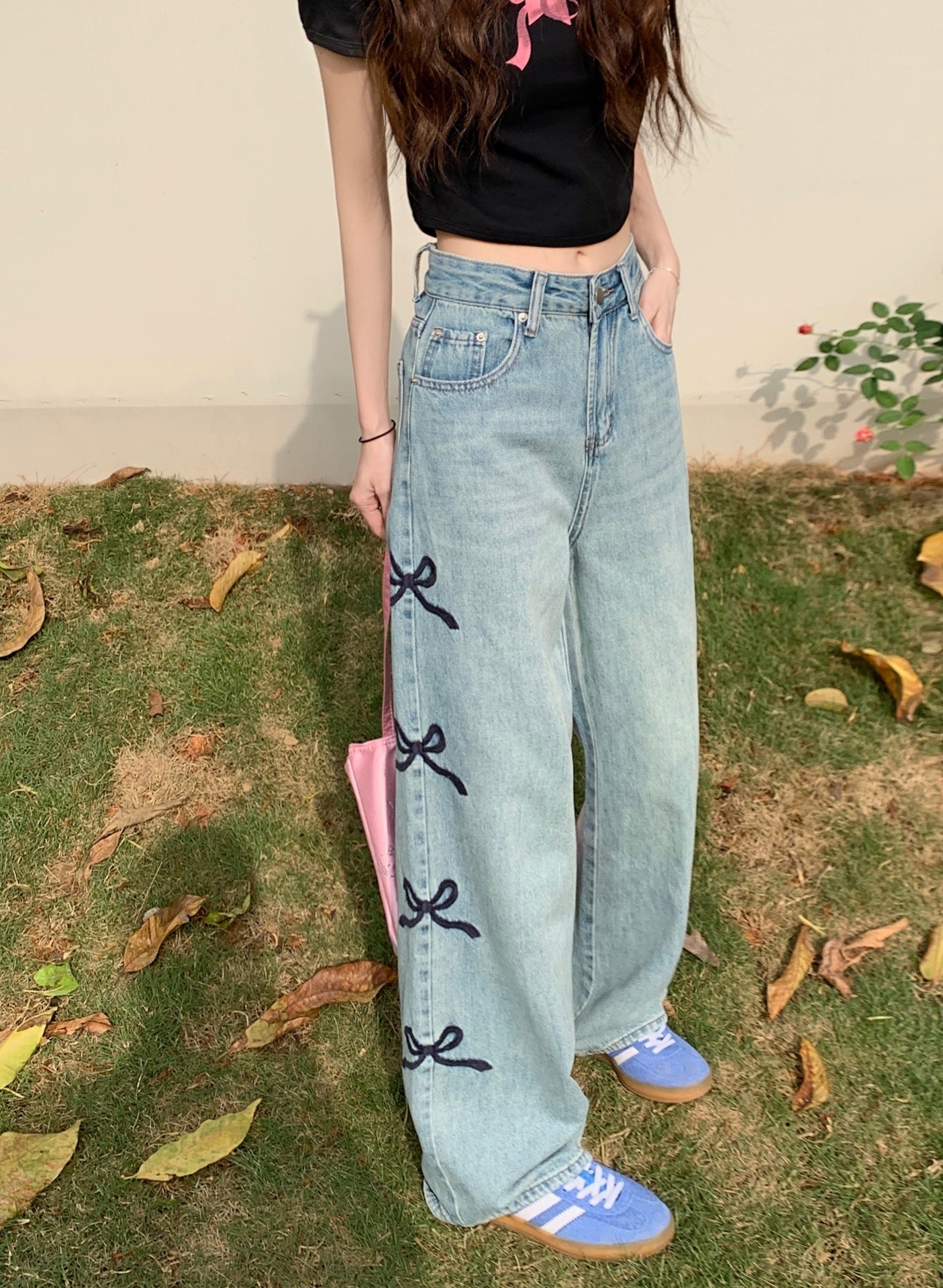 Butterfly Embroidered Jeans Wide-leg Pants For Women