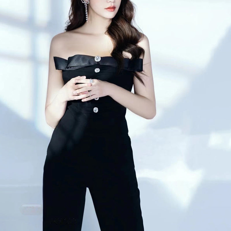 Women's Bow Knot Tube Top Drill Buckle High Waist Slim Jumpsuit