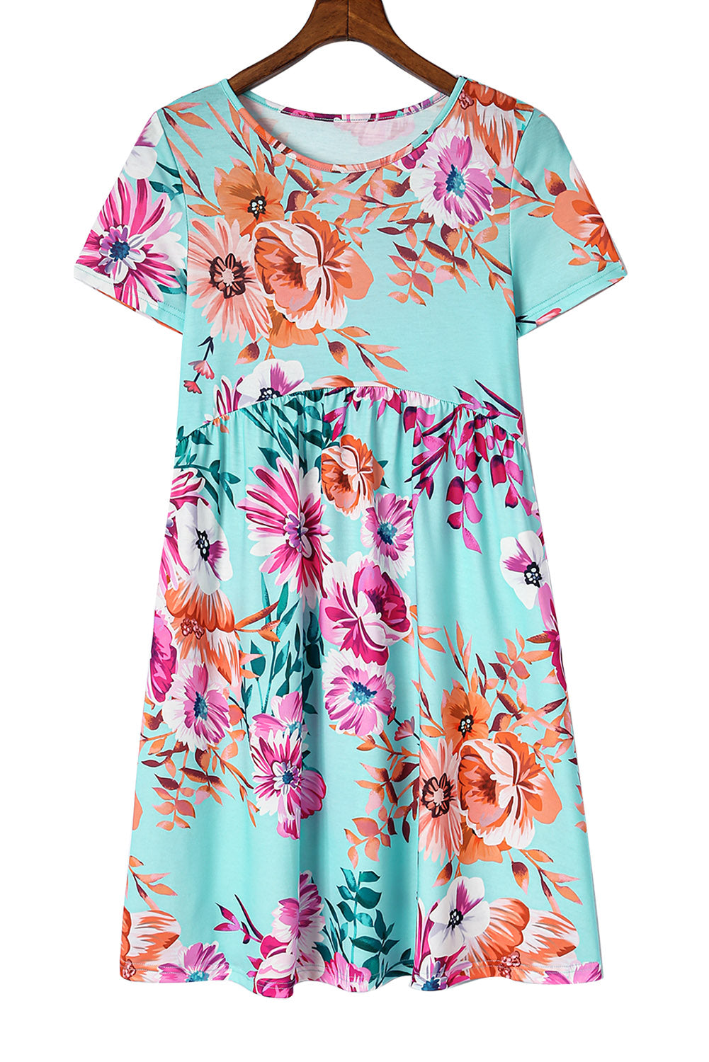 Vestido estilo camiseta floral de cintura alta y manga corta azul cielo