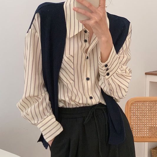 False Two-piece Shawl Design Long Sleeve Striped Shirt Girl